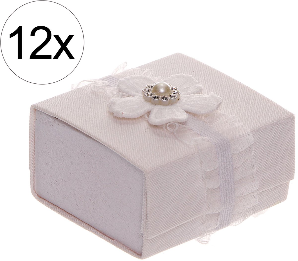 12x Wit Gestoffeerd Cadeaudoosje – 7 x 6,5 x 4 cm – Met Lint & Stoffen Bloem – Luxe Afwerking met Parelmoer Detail
